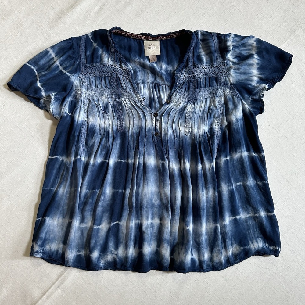 Women's Knox Rose Flutter Short Sleeve Top Navy Tie-dye Blue Shirt Size S Boho